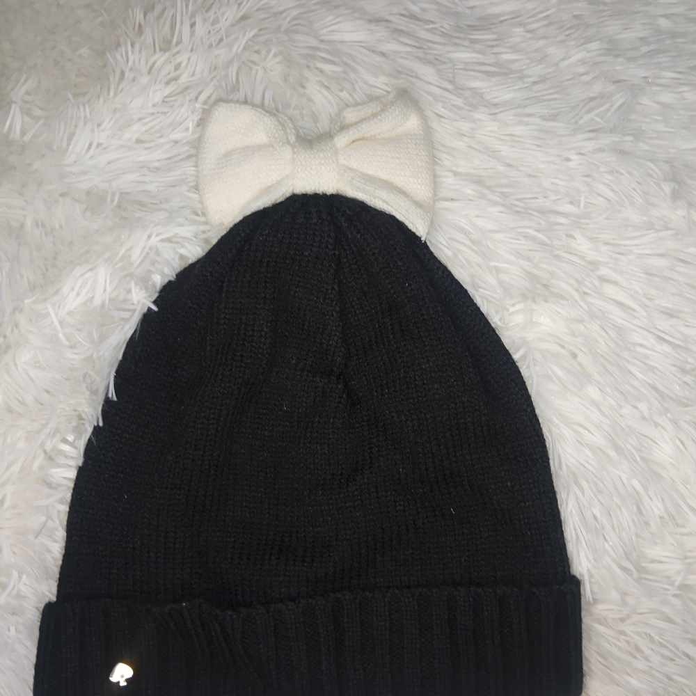 Kids Black and Cream Knit Beanie with Bow